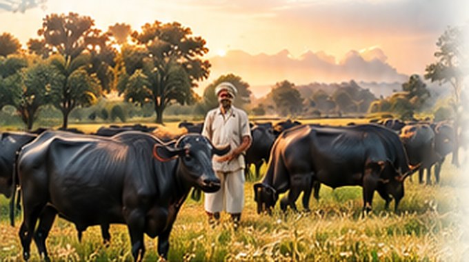 Farmer with buffaloes at sunset