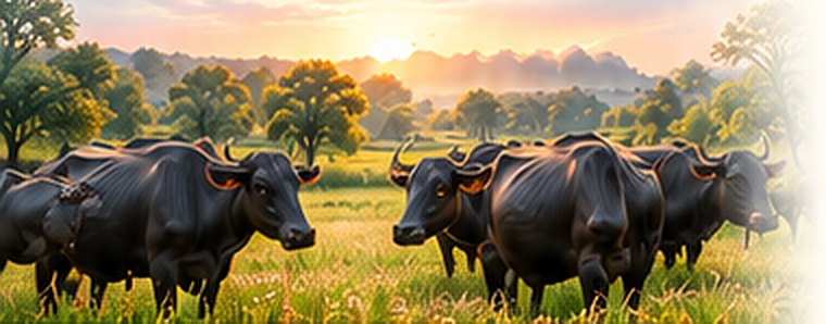 Buffaloes grazing at sunrise
