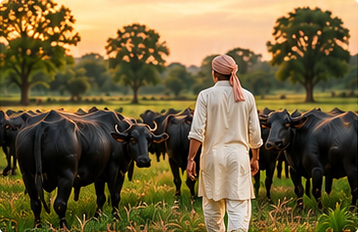 Farmer walking with his buffaloes