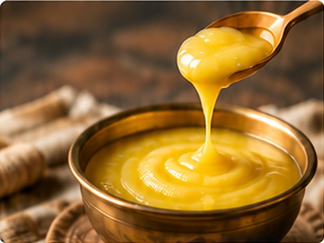 Ghee pouring from a brass spoon