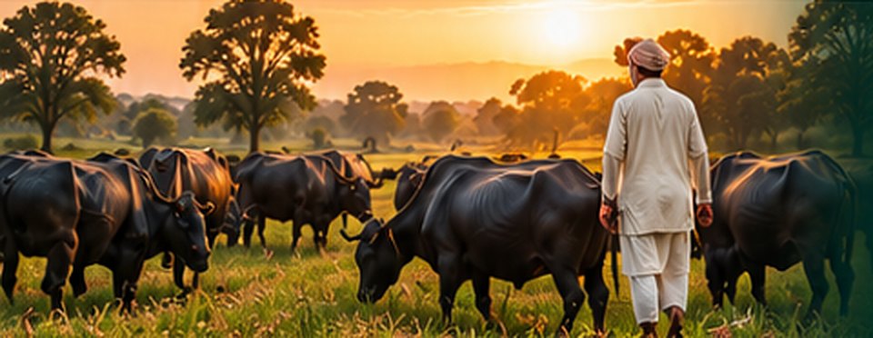 Farmer walking with buffaloes at sunset
