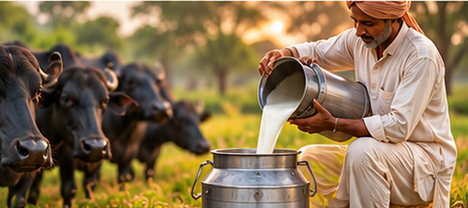 Farmer pouring fresh milk into a can