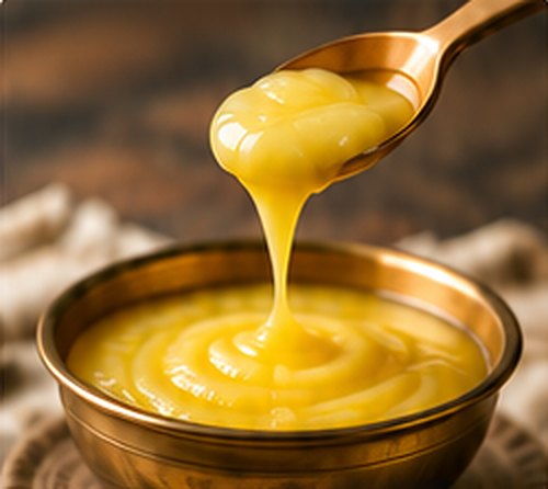 Ghee dripping from a spoon