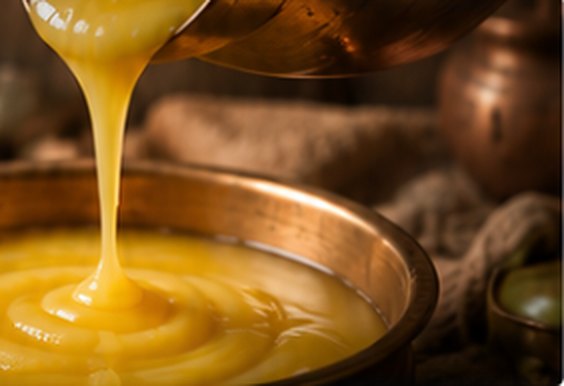 Ghee pouring into a brass pot