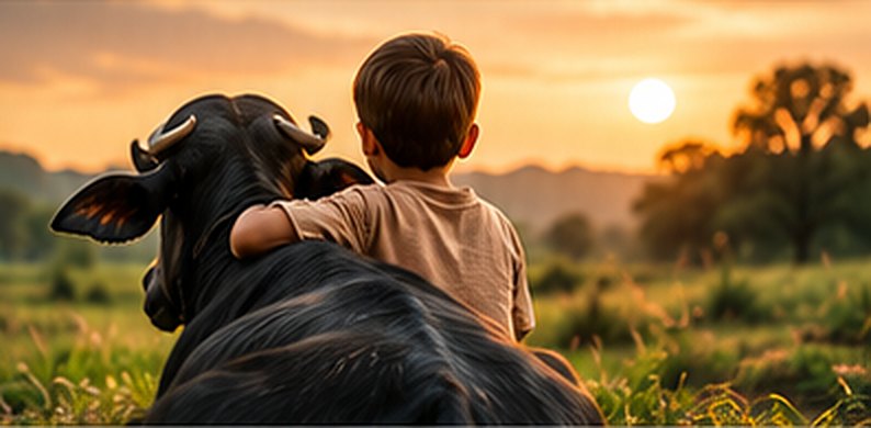 Child with a buffalo at sunset